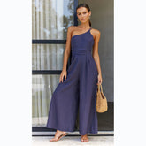 Einfarbiger, lockerer Jumpsuit aus Baumwollleinen mit weitem Bein